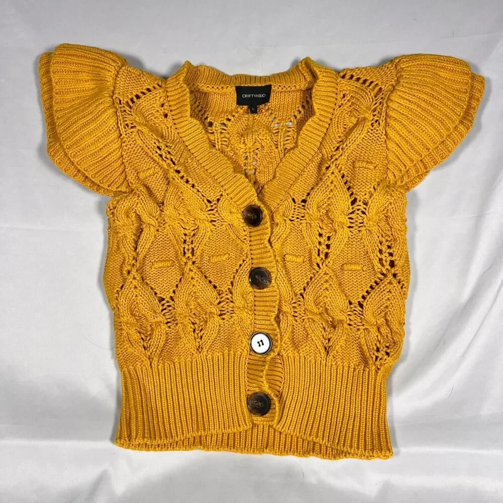 DRIFTWOOD Mustard Yellow Crochet Knit Buttoned Cardigan